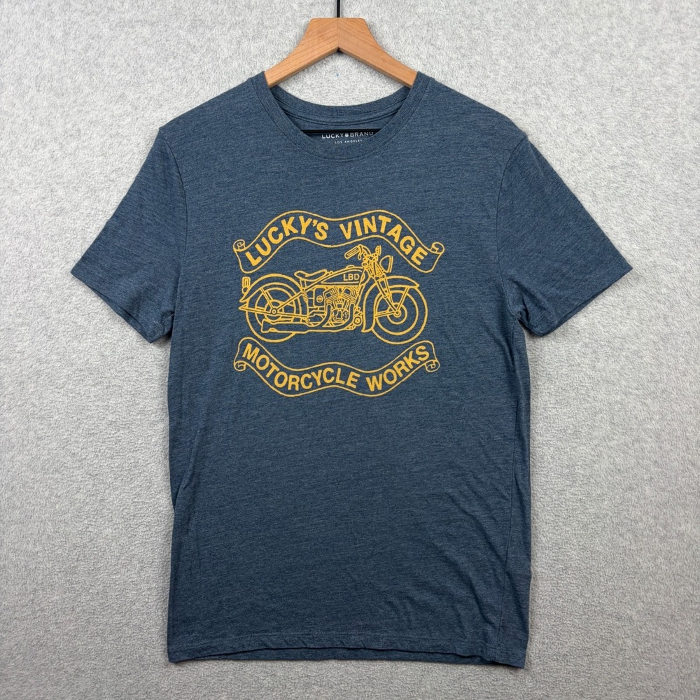 Lucky Brand T Shirt Mens Small Heather Blue Vintage Motorcycle Graphic Tee